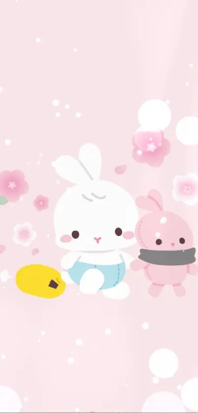 Cute bunny with flowers in pastel pink background wallpaper.