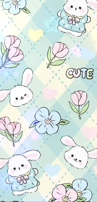 Cute pastel bunny wallpaper with floral accents.