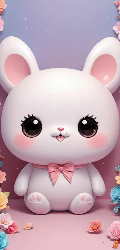 Cute pastel bunny with pink bow and flowers wallpaper.