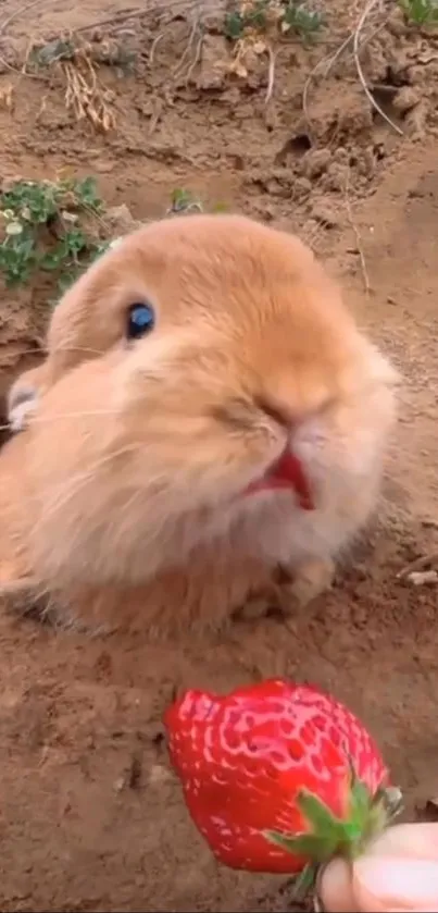 Cute bunny peeking from burrow at a strawberry.