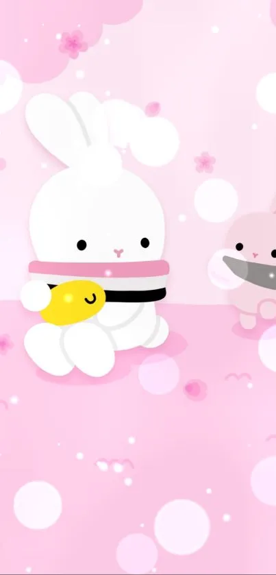 Cute bunny and fish in pink cherry blossom background.