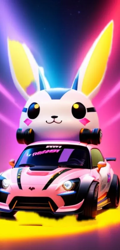 Cute bunny atop a sports car with neon lights.