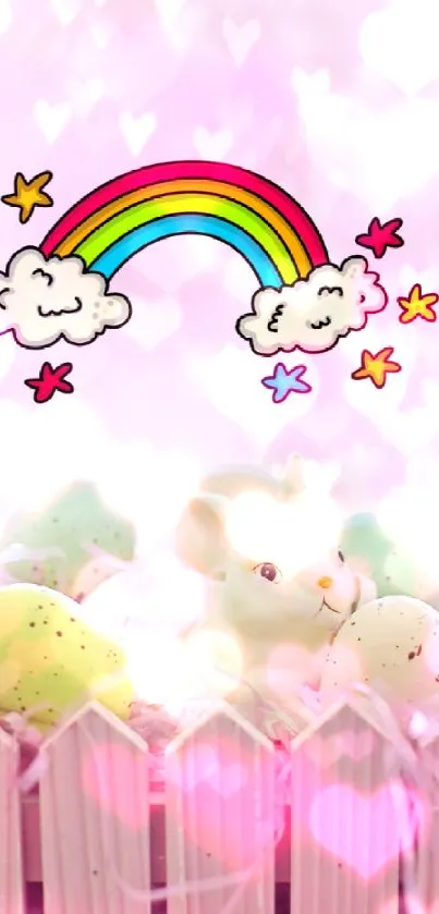 Cute bunny with eggs and rainbow on pink background.