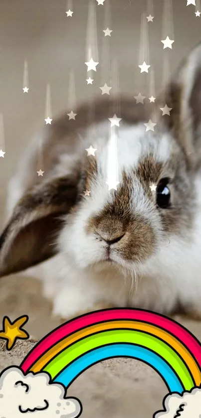 Adorable bunny with rainbow and stars, perfect for a cute phone wallpaper.