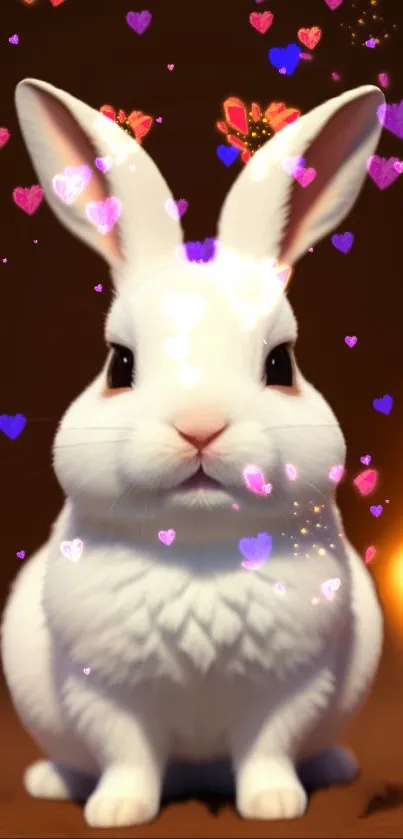 Cute white bunny surrounded by sparkling colorful hearts.