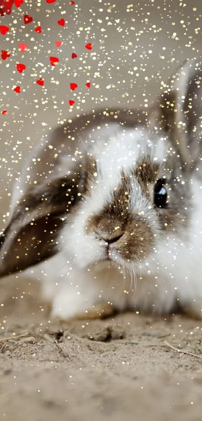 Adorable bunny with red and gold sparkles on sand.