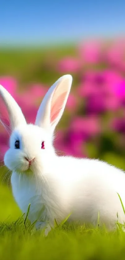 White bunny in green grass with pink flowers under blue sky.