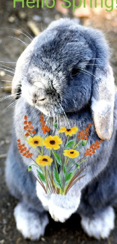 Cute bunny with spring flowers holding a colorful bouquet.