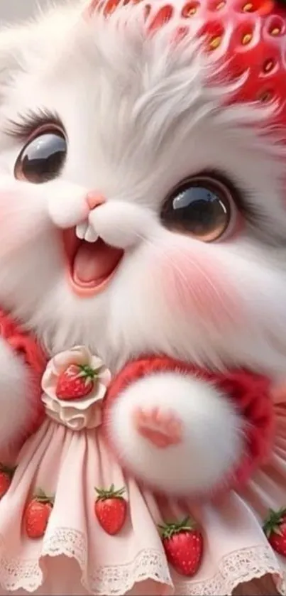 Cartoon bunny dressed in strawberry outfit looking cheerful.