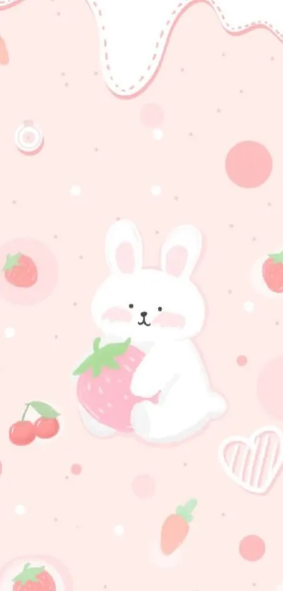 Cute bunny with strawberry on pink background.