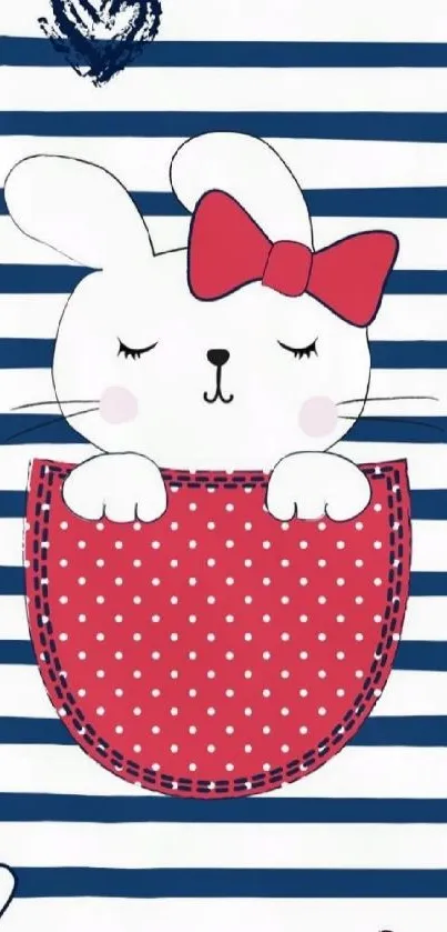 Cute bunny with red bow on navy striped wallpaper with polka dot pocket.