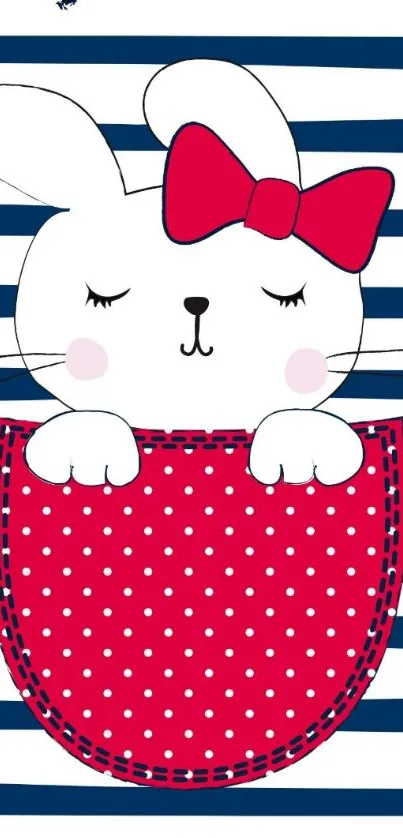 Cute bunny with red bow and polka dot pocket on navy stripes wallpaper.