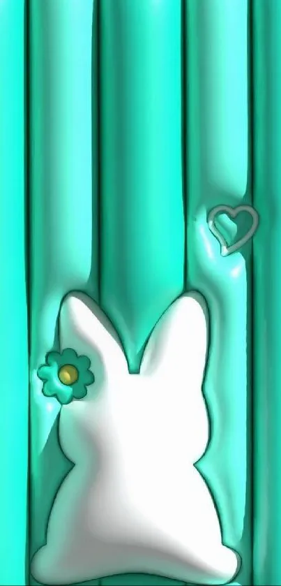 Cute white bunny on turquoise background wallpaper.