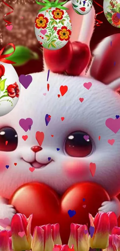 Adorable bunny holding hearts with floral and Valentine designs.