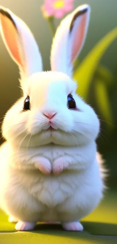 Adorable white bunny on green grass with flower background.