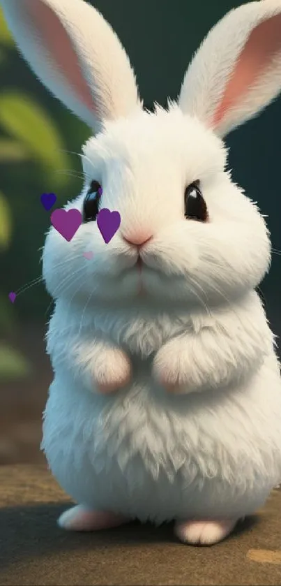 Cute white bunny with fluffy fur on a stone surrounded by green plants.