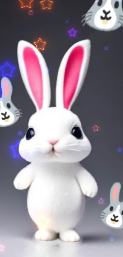 Cute white bunny with pink ears under starry lights.