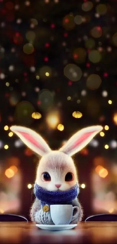 Cute bunny with scarf and cup in festive bokeh background.