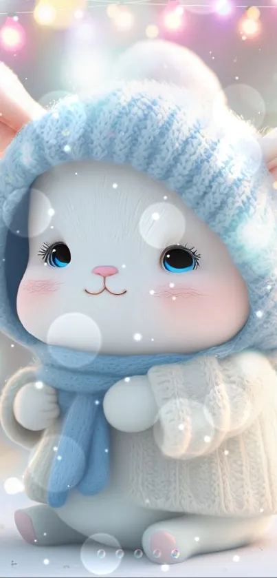 Cute bunny in winter attire with colorful festive lights.