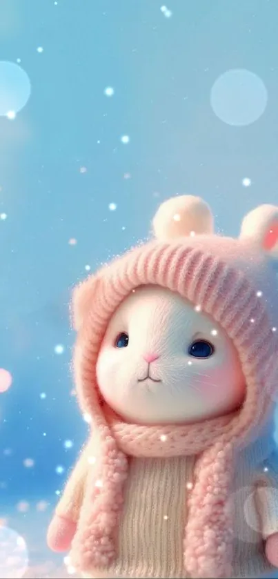 Cute bunny in a knitted hat with snowy background.