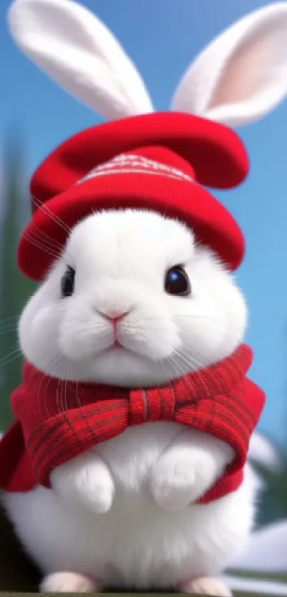 Cute bunny in red attire in snowy scene.