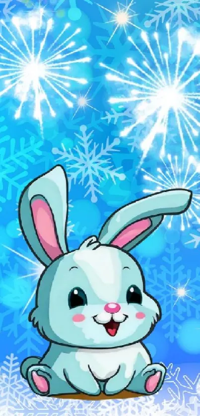 Cute blue bunny with snowflakes background.