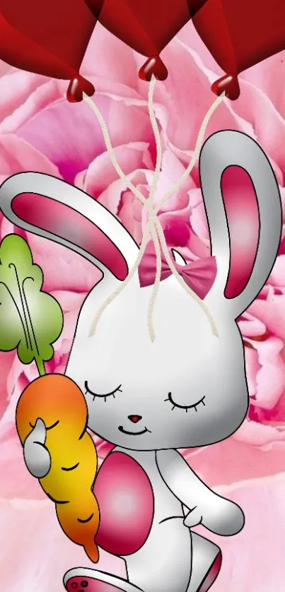 Cute white bunny with pink balloons in a floral background.