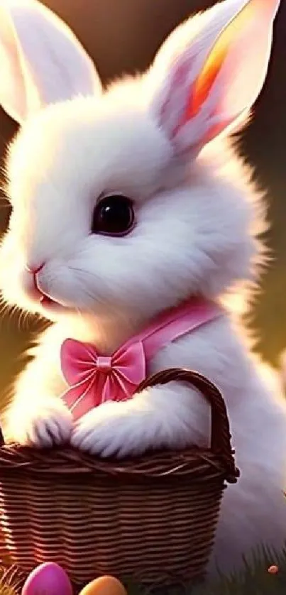 Cute white bunny with basket and eggs mobile wallpaper.