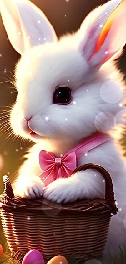 White bunny with pink bow and basket with Easter eggs.