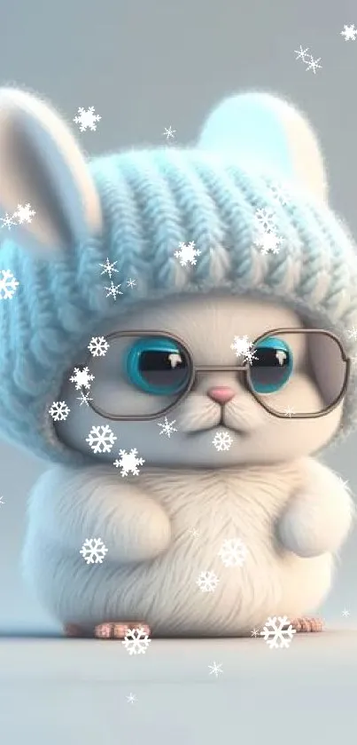 Cute fluffy bunny in a blue knitted hat with glasses, mobile wallpaper.