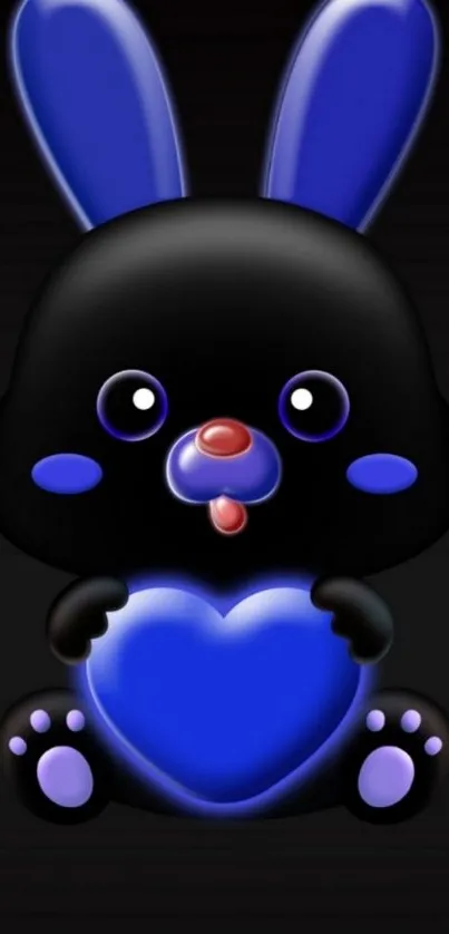 Cute black bunny with blue heart mobile wallpaper.