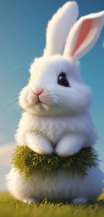 Cute white bunny with blue sky and green grass background.