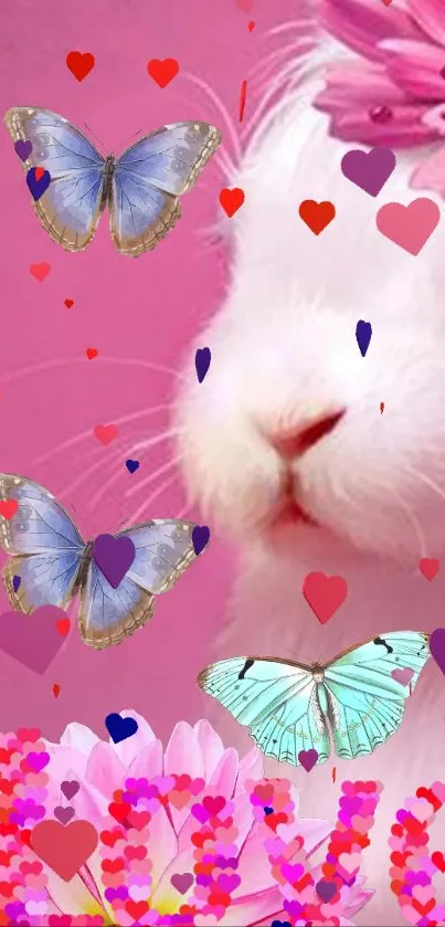 White bunny with butterflies and hearts on pink background.