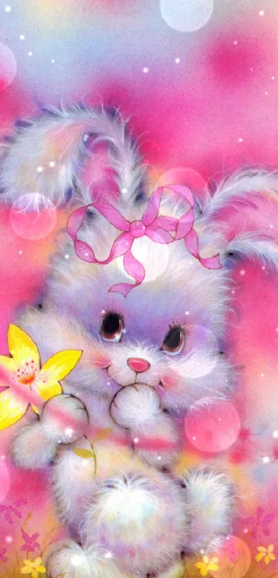 Cute fluffy bunny with pastel butterflies on a pink background.