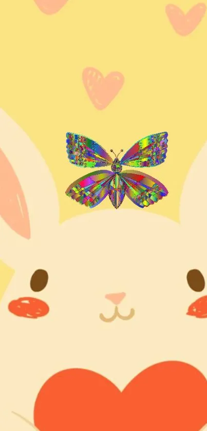 Cute bunny with a colorful butterfly on its head against a yellow background.