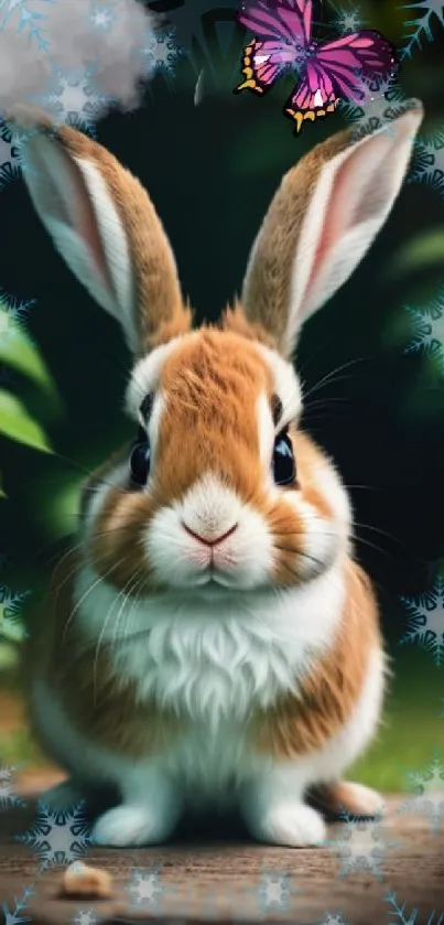 Cute bunny with butterfly in nature-themed wallpaper.