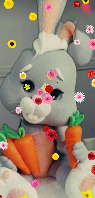 Cute bunny holding carrots surrounded by colorful flowers.