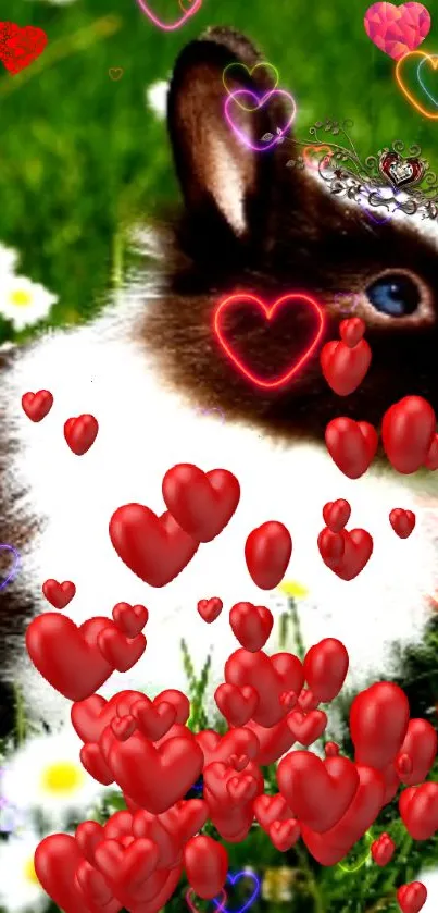 Cute bunny with colorful hearts and daisies background.
