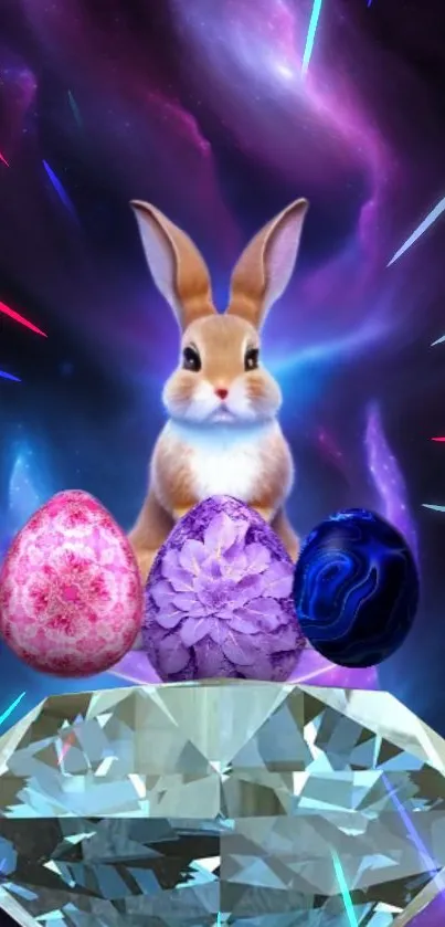 Cute bunny with colorful cosmic eggs on a gem in vibrant, mystical backdrop.