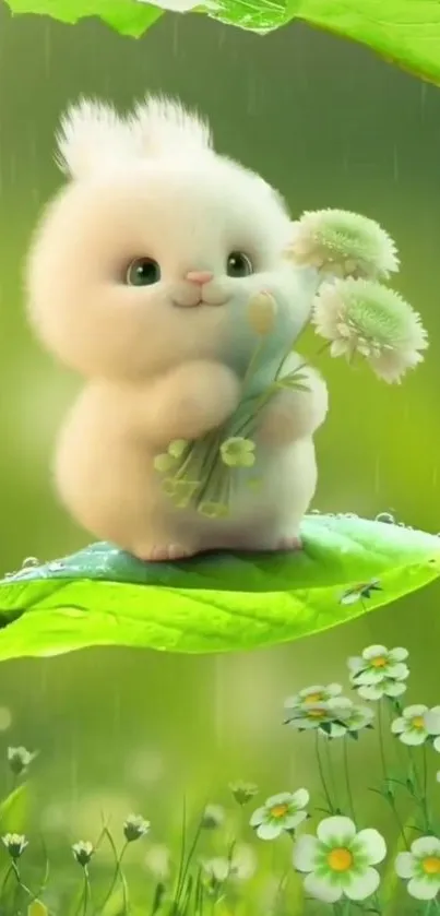 Cute bunny holding daisies on green leafy background.