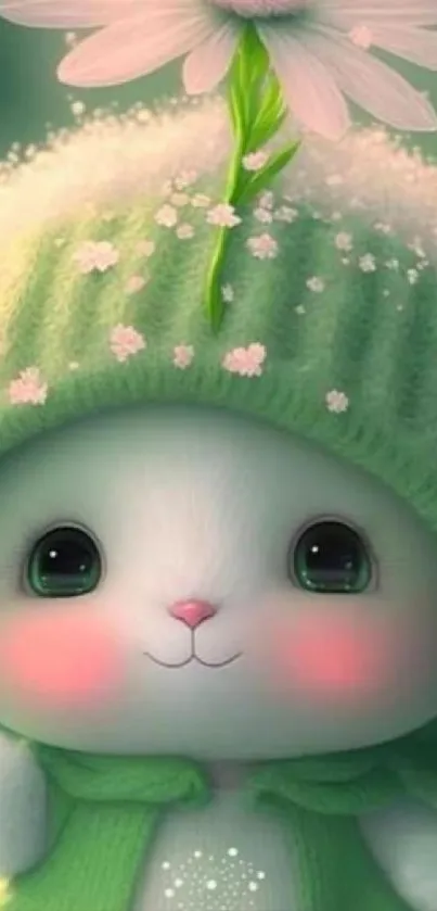 Cute cartoon bunny with green hat and daisy flower.