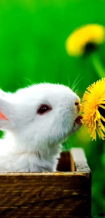 White bunny with dandelion in green field.