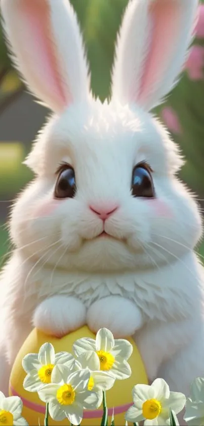 Cute white bunny with Easter egg on a sunny day.