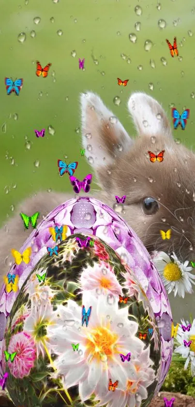 Cute bunny with Easter egg and butterflies, green background.