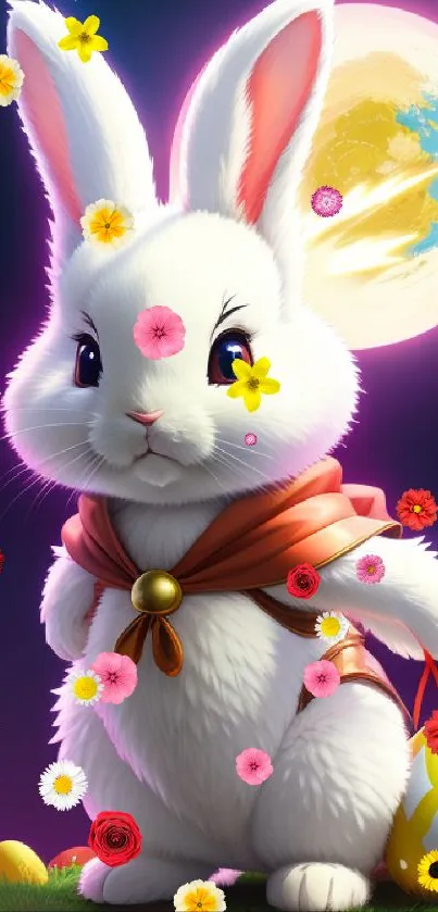 Cute bunny with Easter eggs under a glowing moon.