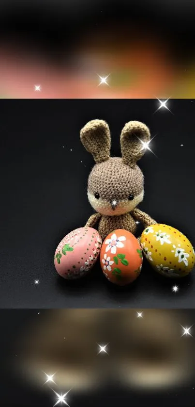 Cute knitted bunny with Easter eggs on black background.