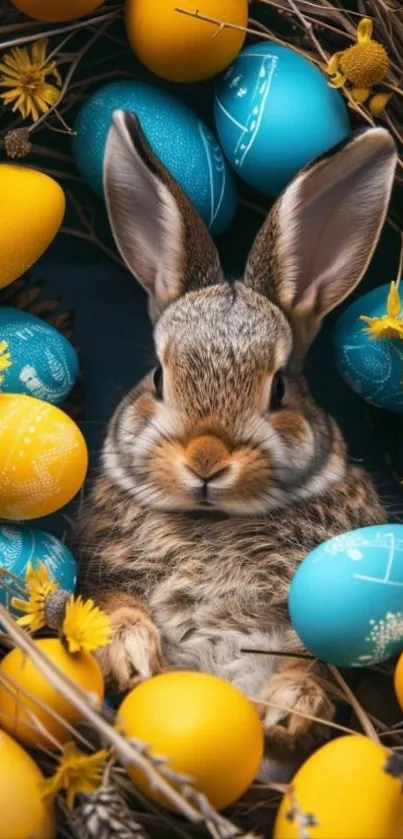 Adorable bunny with colorful Easter eggs