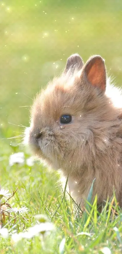 Fluffy bunny sitting beside pastel Easter eggs on grass.