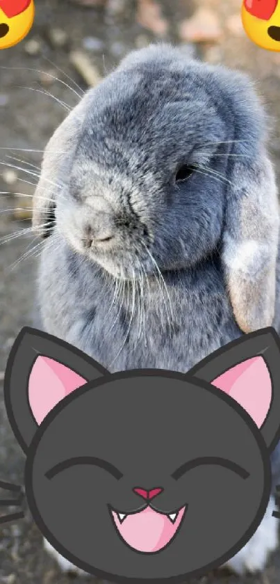 Cute bunny with emojis and cat icon on gray background.