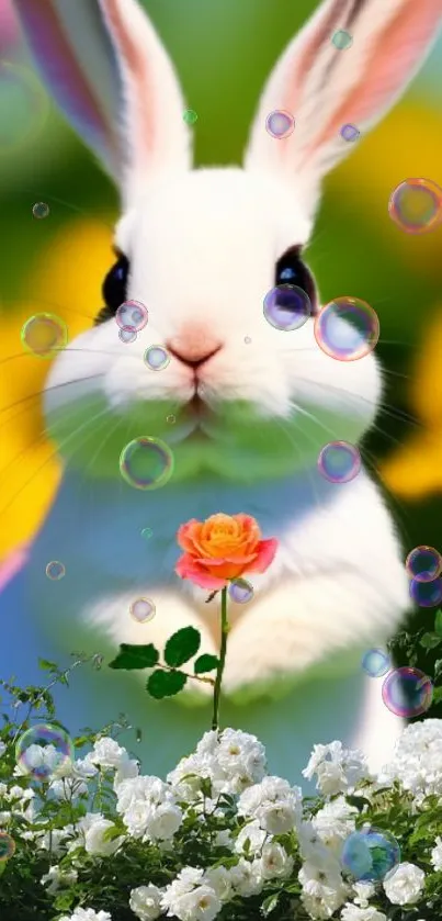 Cute white bunny with a rose and colorful floral background.